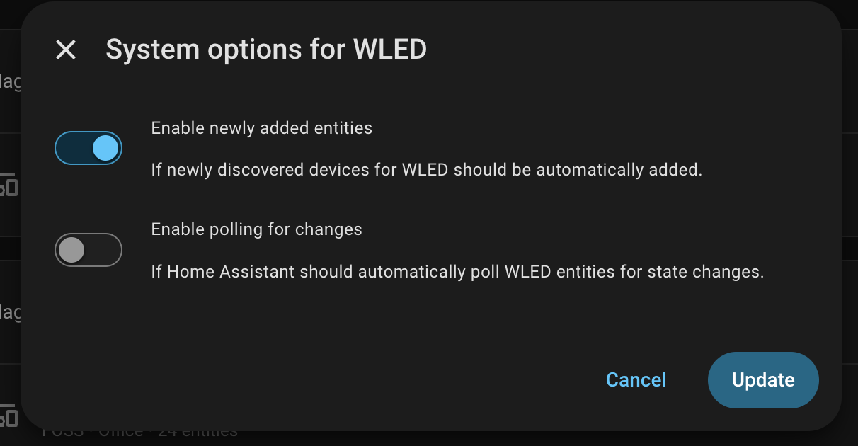 Home Assistant System options dialog for WLED with the polling toggle disabled