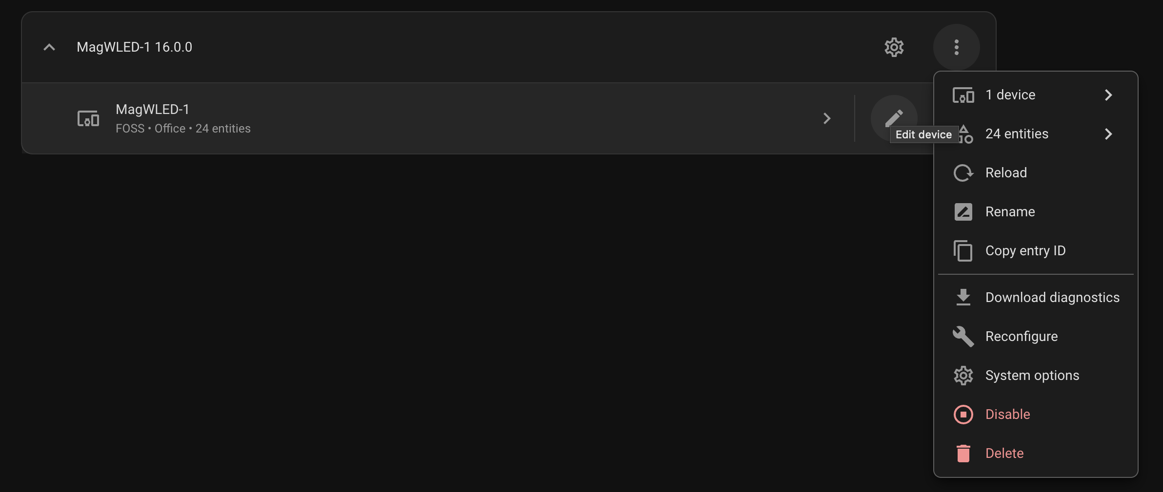 Home Assistant WLED device menu showing the System options entry